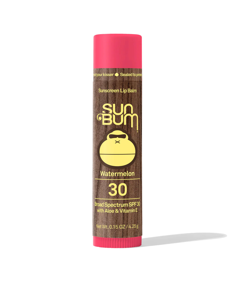 Lipbalm SPF 30 by Sun Bum in pink and brown, watermelon flavour with Aloe and Vitamin E for moisturizing and sun protection
