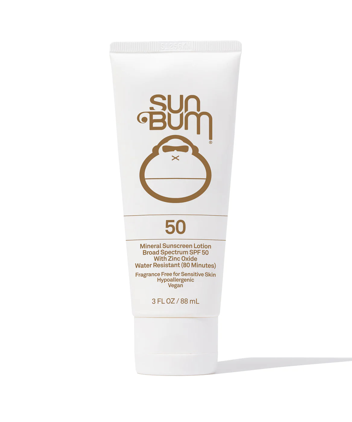 Mineral SPF 50 Lotion 3oz Tube by Sun Bum in white with brown logo, lightweight zinc-based sunscreen, fragrance free, broad spectrum SPF 50, water resistant