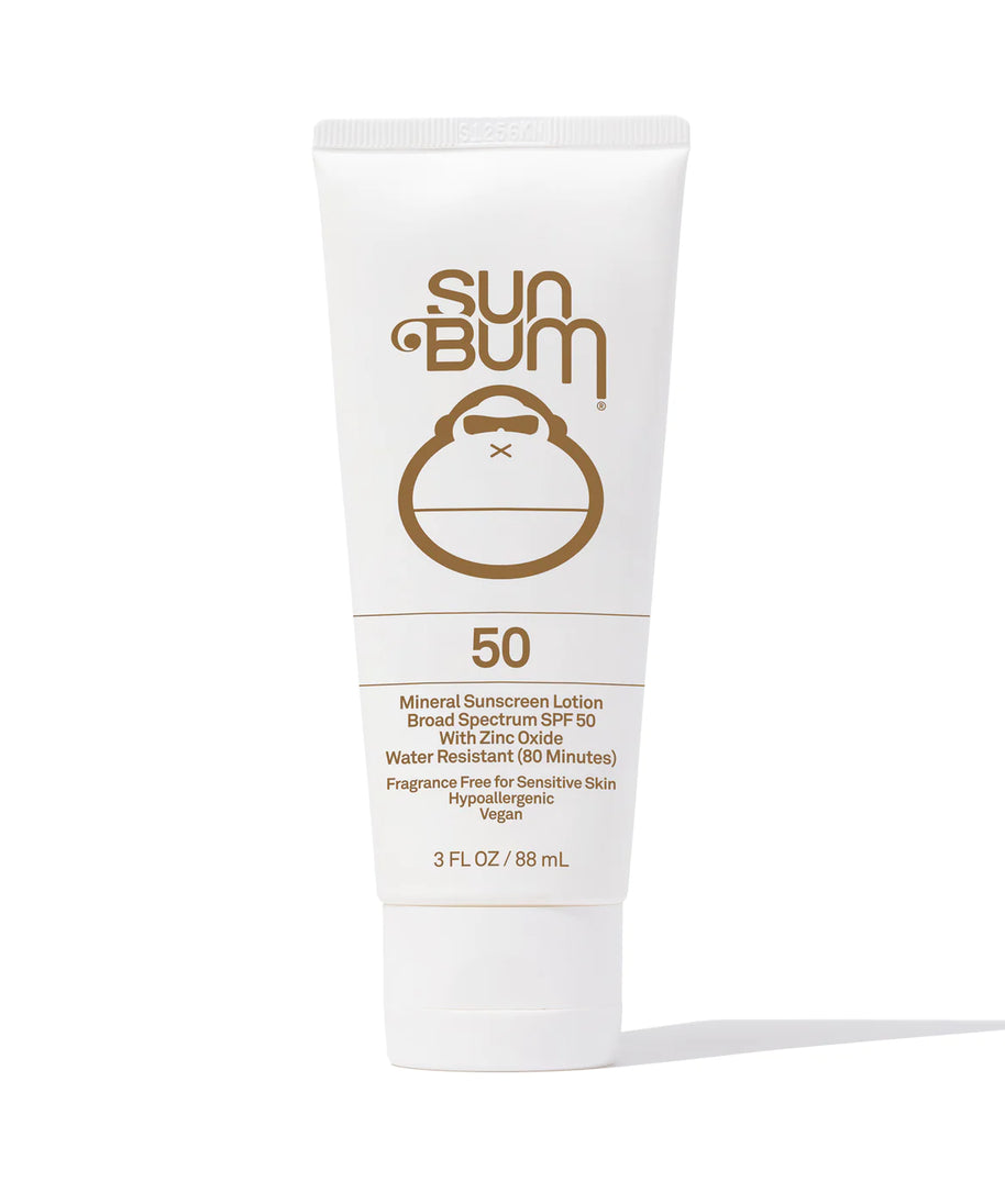 Mineral SPF 50 Lotion 3oz Tube by Sun Bum in white with brown logo, lightweight zinc-based sunscreen, fragrance free, broad spectrum SPF 50, water resistant