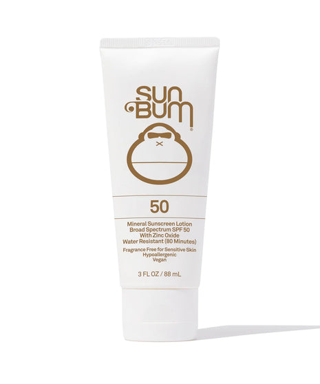 Mineral SPF 50 Lotion 3oz Tube by Sun Bum in white with brown logo, lightweight zinc-based sunscreen, fragrance free, broad spectrum SPF 50, water resistant