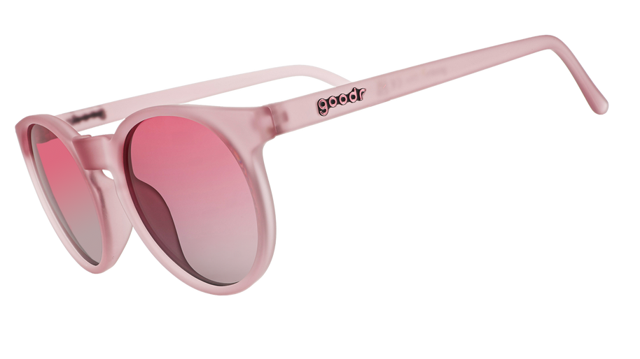 Goodr Mauve Mood Board sunglasses, side view of round frosted pink frames with pink gradient lenses