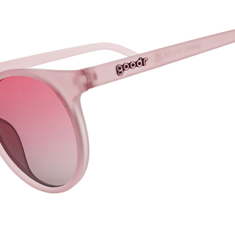 Goodr Mauve Mood Board sunglasses, side view of round frosted pink frames with pink gradient lenses