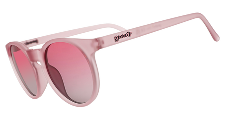 Goodr Mauve Mood Board sunglasses, side view of round frosted pink frames with pink gradient lenses