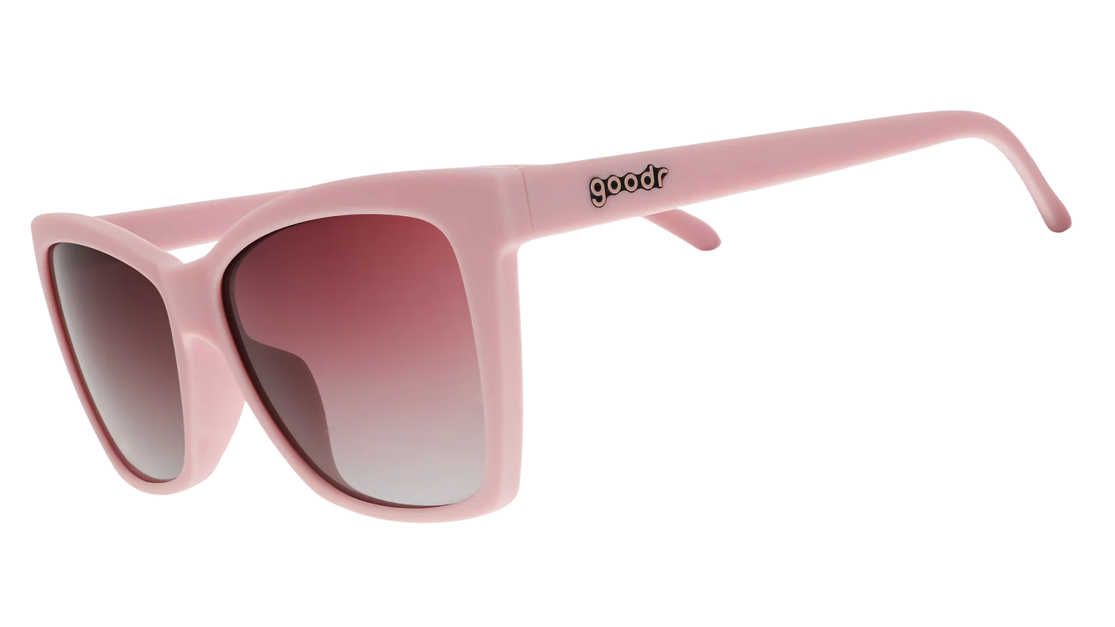 Rosé Retail Therapy by Goodr in light pink with rose ocean gradie lenses, lightweight sunglasses for stylish outdoor use and retail therapy