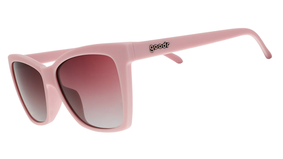 Rosé Retail Therapy by Goodr in light pink with rose ocean gradie lenses, lightweight sunglasses for stylish outdoor use and retail therapy