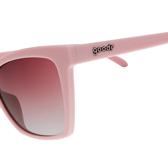 Rosé Retail Therapy by Goodr in light pink with rose ocean gradie lenses, lightweight sunglasses for stylish outdoor use and retail therapy