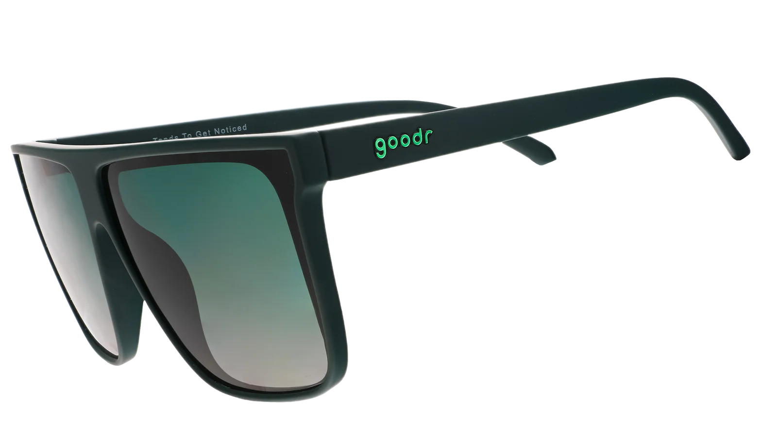 Tends To Get Noticed sunglasses by Goodr in deep green with oversized flat-top frame and green gradient lenses for bold outdoor style