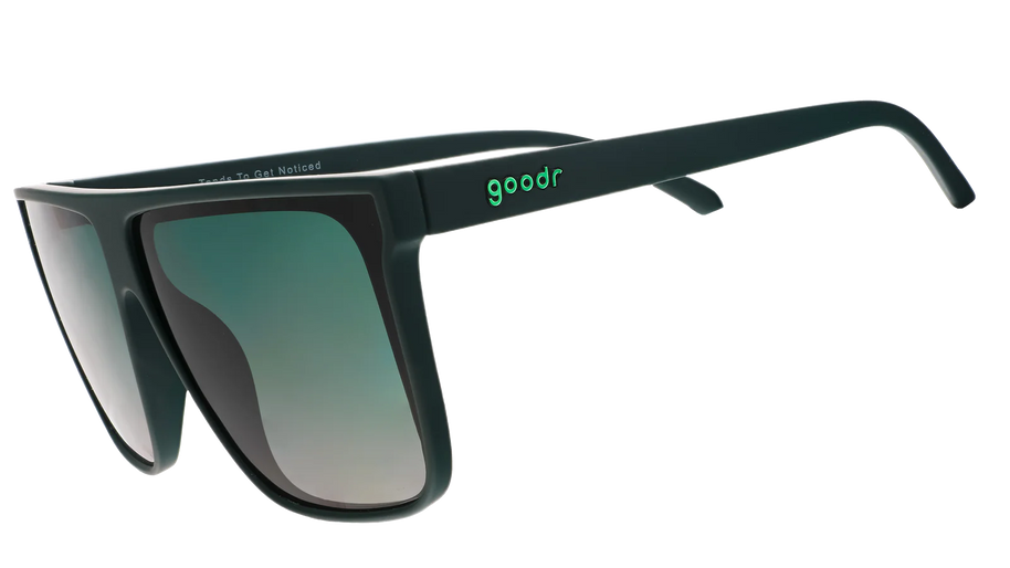 Tends To Get Noticed sunglasses by Goodr in deep green with oversized flat-top frame and green gradient lenses for bold outdoor style