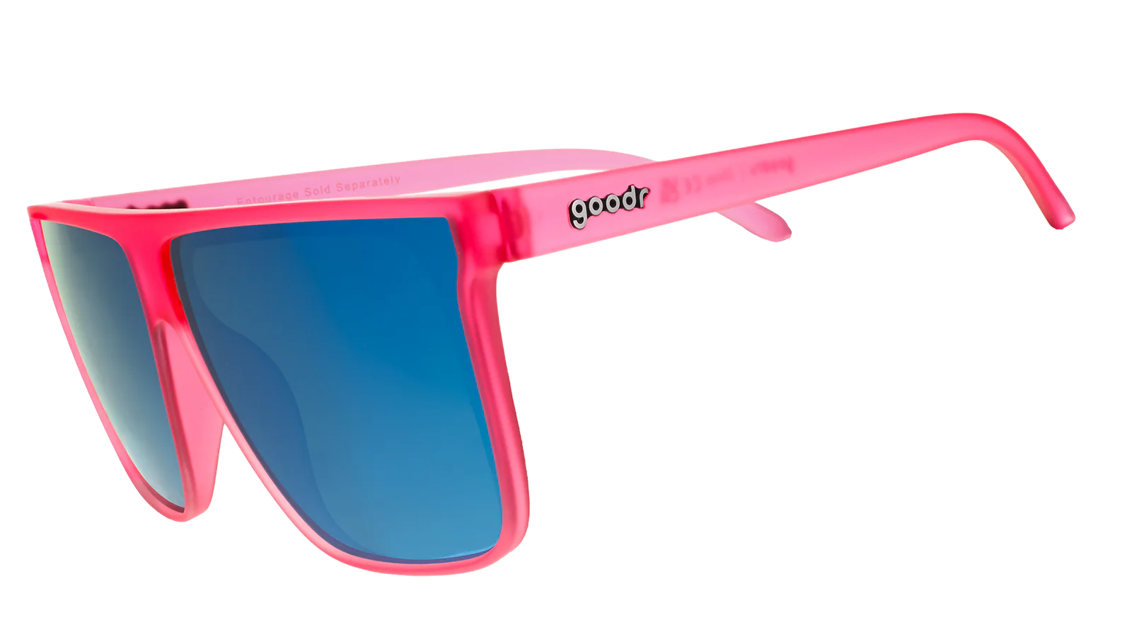 Entourage Sold Separately by Goodr in translucent hot pink frames with teal reflective lenses, stylish sunglasses for bold outdoor use