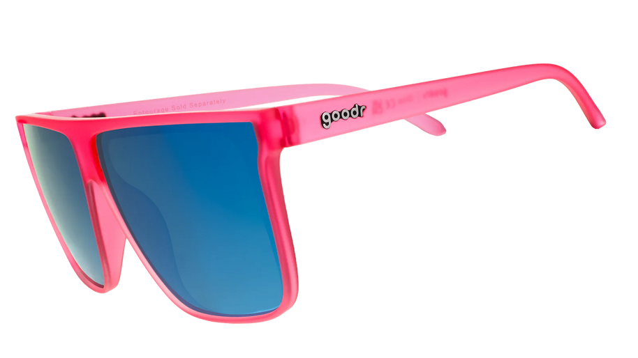 Entourage Sold Separately by Goodr in translucent hot pink frames with teal reflective lenses, stylish sunglasses for bold outdoor use