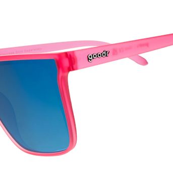 Entourage Sold Separately by Goodr in translucent hot pink frames with teal reflective lenses, stylish sunglasses for bold outdoor use