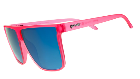 Entourage Sold Separately by Goodr in translucent hot pink frames with teal reflective lenses, stylish sunglasses for bold outdoor use