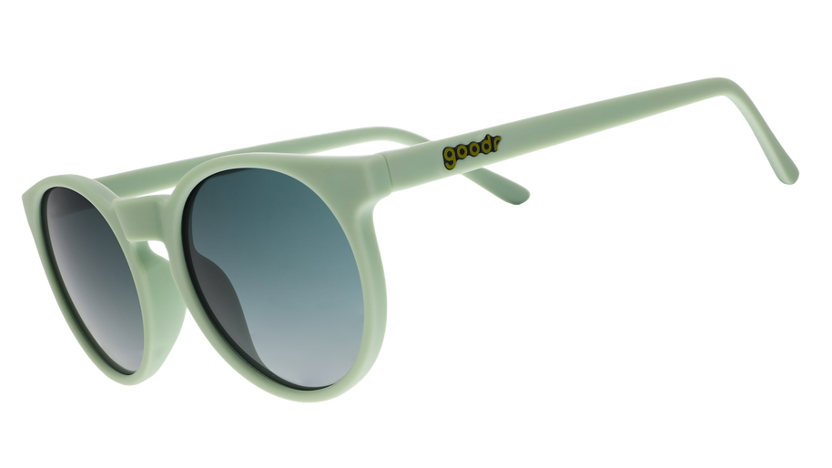 Goodr Incognito Plant Parent sunglasses, side view of round sage green frames with dark gradient lenses