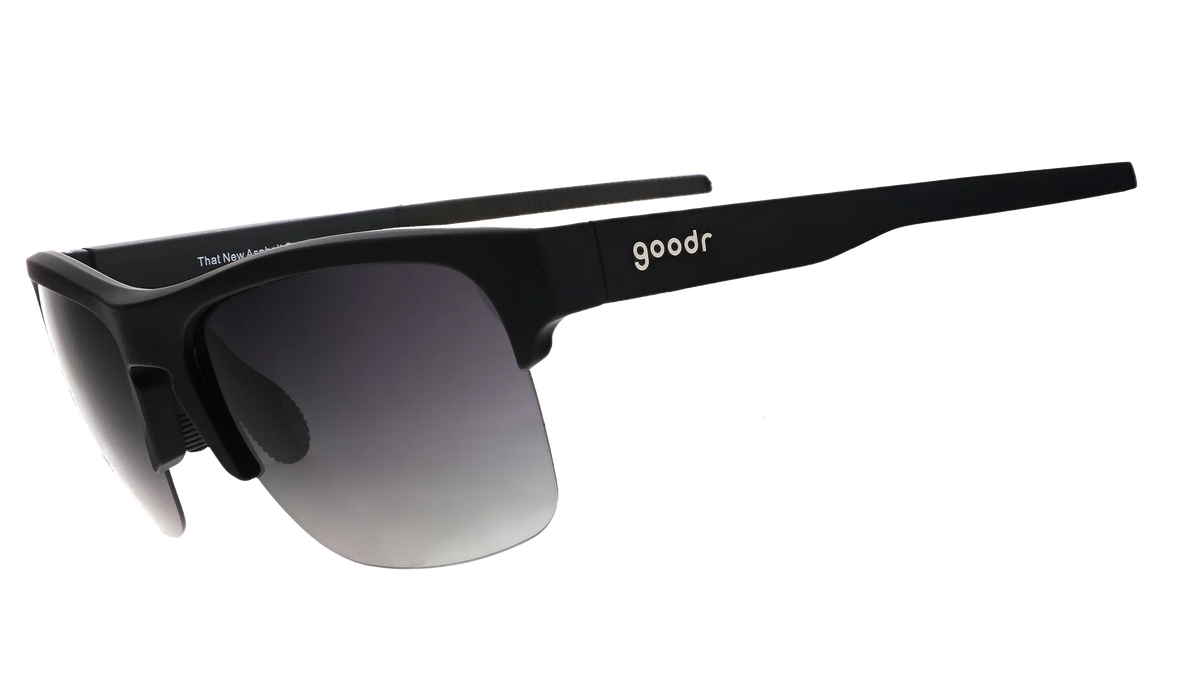 That New Asphalt Smell by Goodr in black half-rim dual-lens wrap sunglasses, lightweight and ideal for outdoor running and activities
