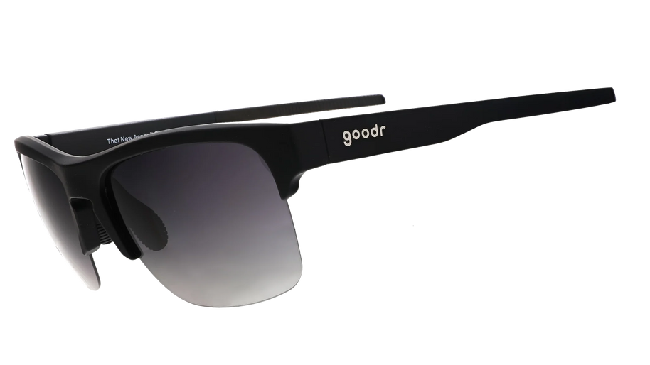 That New Asphalt Smell by Goodr in black half-rim dual-lens wrap sunglasses, lightweight and ideal for outdoor running and activities