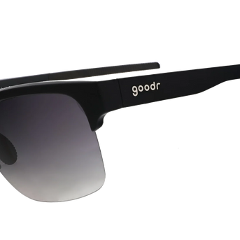 That New Asphalt Smell by Goodr in black half-rim dual-lens wrap sunglasses, lightweight and ideal for outdoor running and activities