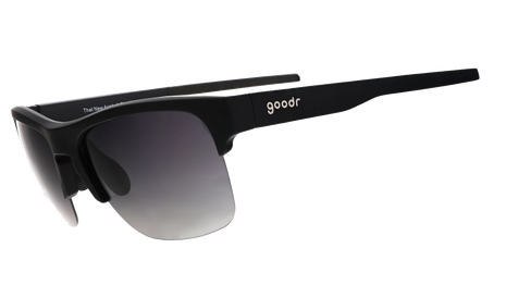 That New Asphalt Smell by Goodr in black half-rim dual-lens wrap sunglasses, lightweight and ideal for outdoor running and activities