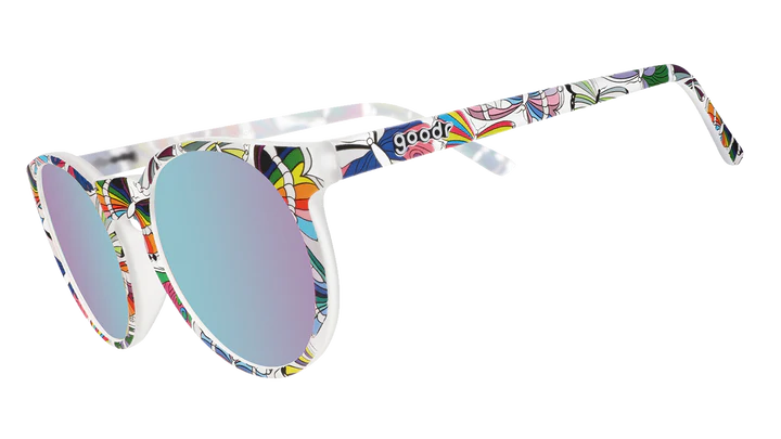 Not A Phase, A Transformation by Goodr clear glasses with purple lenses and butterfly LGBTQ+ flag design, stylish eyewear for pride and support