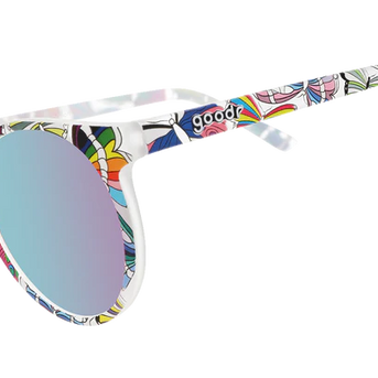 Not A Phase, A Transformation by Goodr clear glasses with purple lenses and butterfly LGBTQ+ flag design, stylish eyewear for pride and support