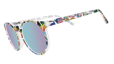 Not A Phase, A Transformation by Goodr clear glasses with purple lenses and butterfly LGBTQ+ flag design, stylish eyewear for pride and support