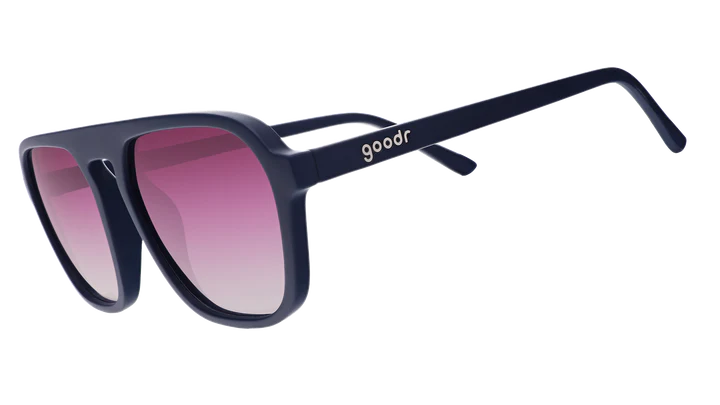 Deja Vu Daydream by Goodr dark blue square aviators with purple gradient lenses, stylish sunglasses for casual and outdoor use