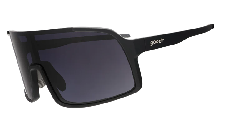 My Sweat Has an Octane Rating by Goodr, black shield sunglasses with black gradient lenses, ideal for intense gym and running use.