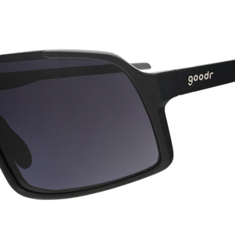 My Sweat Has an Octane Rating by Goodr, black shield sunglasses with black gradient lenses, ideal for intense gym and running use.