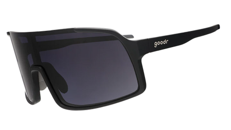 My Sweat Has an Octane Rating by Goodr, black shield sunglasses with black gradient lenses, ideal for intense gym and running use.