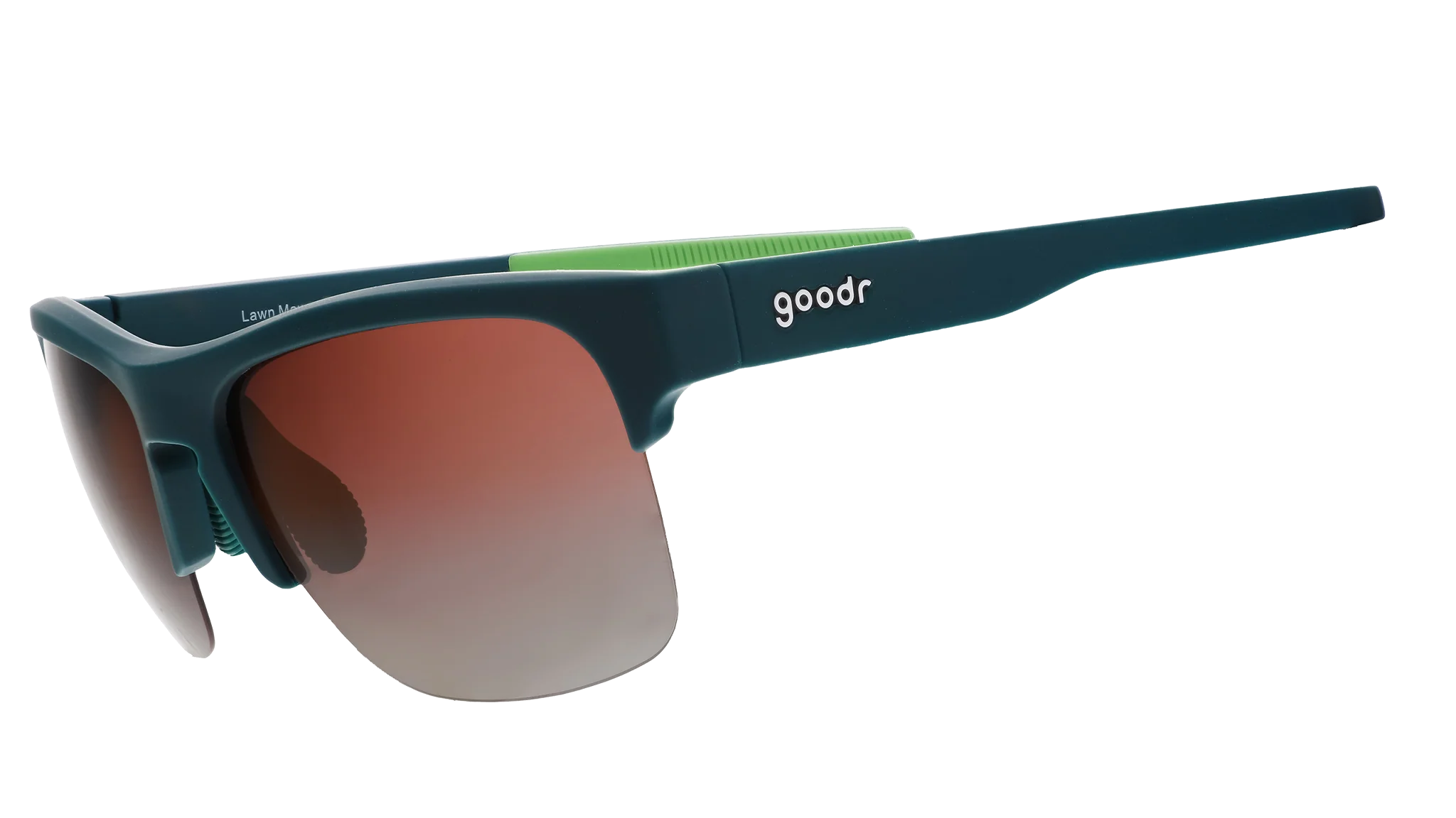 Lawn Mower Drag Race by Goodr in solid green with rose gradient lenses, adjustable nose piece sunglasses for outdoor turf activities