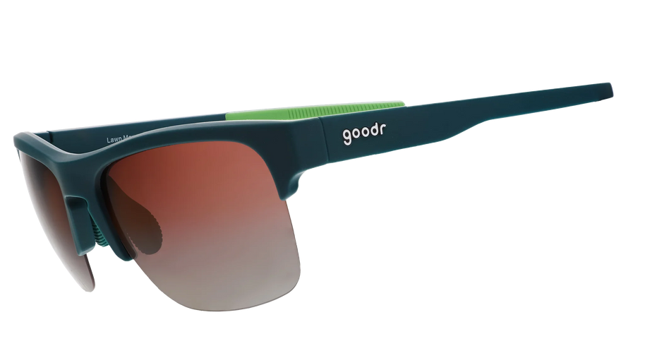 Lawn Mower Drag Race by Goodr in solid green with rose gradient lenses, adjustable nose piece sunglasses for outdoor turf activities