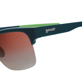 Lawn Mower Drag Race by Goodr in solid green with rose gradient lenses, adjustable nose piece sunglasses for outdoor turf activities