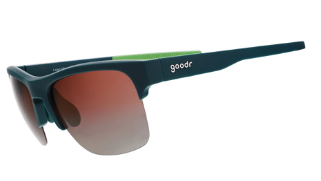Lawn Mower Drag Race by Goodr in solid green with rose gradient lenses, adjustable nose piece sunglasses for outdoor turf activities