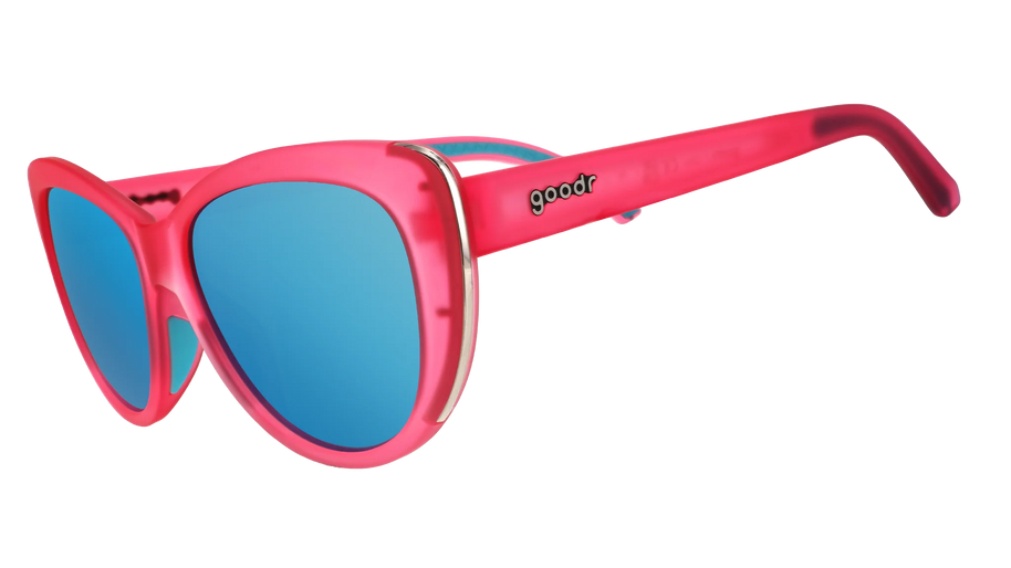 Flamingo Couture by Goodr translucent pink cat-eye sunglasses with teal reflective lenses and chrome accents for stylish outdoor wear