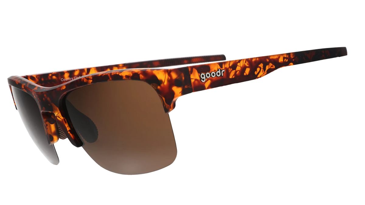 Country Club Crasher by Goodr brown tortoiseshell half-rim sunglasses with dual-lens wrap frame and adjustable nose piece for stylish disruption