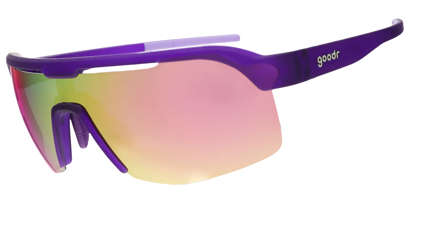 Tentacle Tag Champion by Goodr in purple with half-rim frames and light pink reflective lenses for running and athletic use