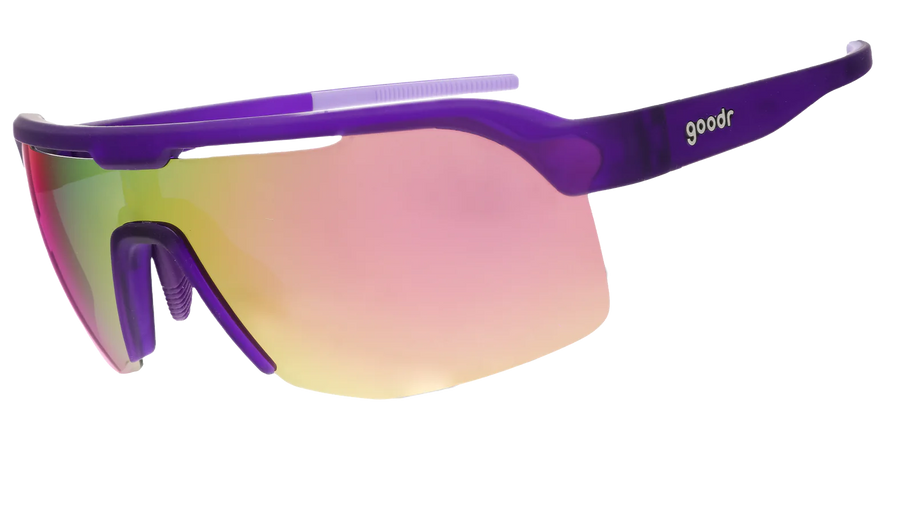 Tentacle Tag Champion by Goodr in purple with half-rim frames and light pink reflective lenses for running and athletic use