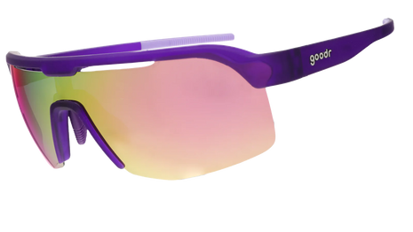 Tentacle Tag Champion by Goodr in purple with half-rim frames and light pink reflective lenses for running and athletic use