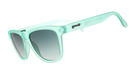 Goodr Dinner Mint Debauchery sunglasses, side view of frosted mint green square frames with dark lenses