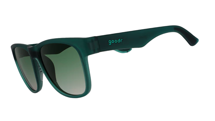 Underwater Thunder Plunder by Goodr in translucent teal with green gradient lenses, non-slip sunglasses ideal for running and outdoor use