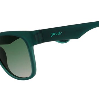 Underwater Thunder Plunder by Goodr in translucent teal with green gradient lenses, non-slip sunglasses ideal for running and outdoor use