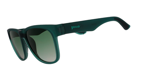 Underwater Thunder Plunder by Goodr in translucent teal with green gradient lenses, non-slip sunglasses ideal for running and outdoor use