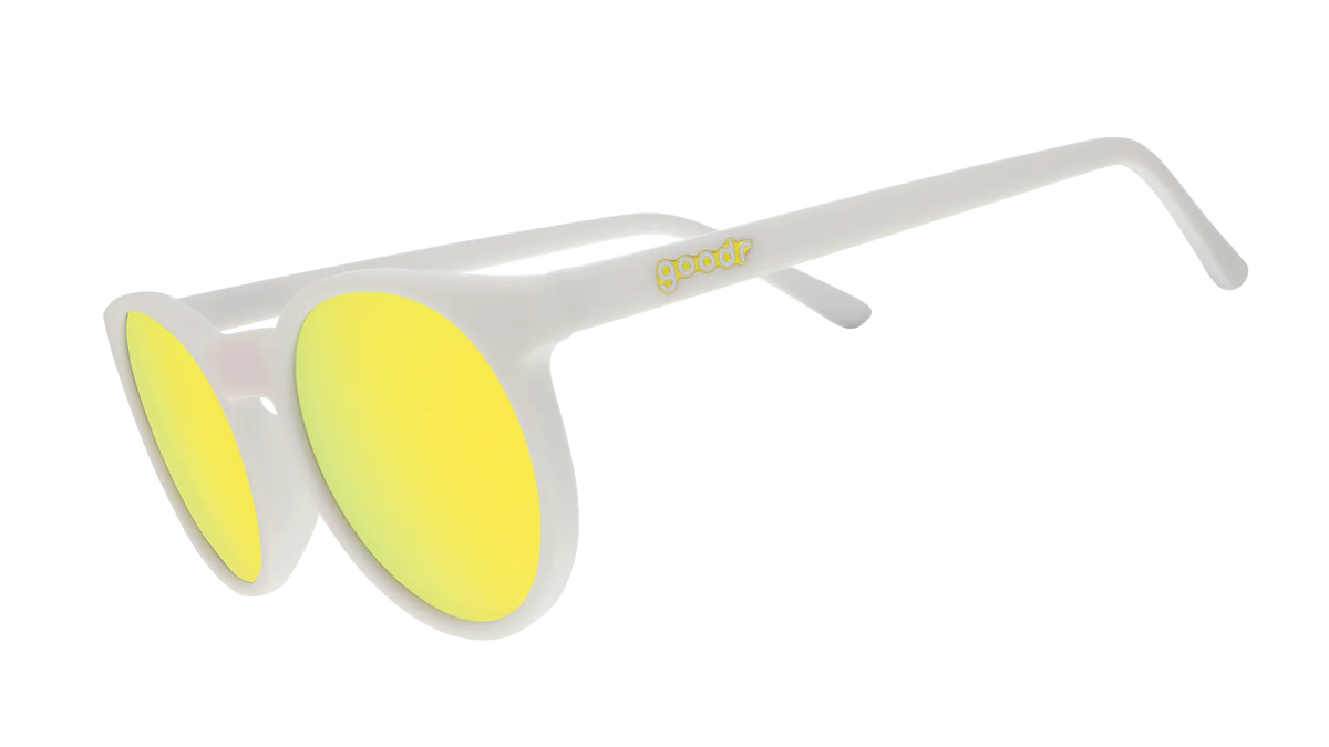 Yolk's On You by Goodr in white frames with gold reflective polarized lenses, casual sunglasses with custom packaging for outdoor use