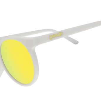 Yolk's On You by Goodr in white frames with gold reflective polarized lenses, casual sunglasses with custom packaging for outdoor use