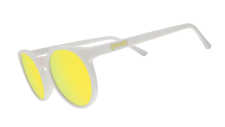 Yolk's On You by Goodr in white frames with gold reflective polarized lenses, casual sunglasses with custom packaging for outdoor use