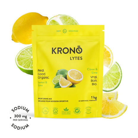 Lemon & Lime Sport Drink Mix by Krono Nutrition in yellow pouch, organic vegan electrolyte drink mix for hydration and energy during running and sports