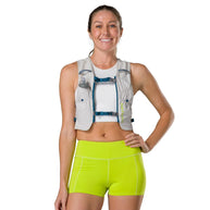 Pinnacle Run Lite Vest by Nathan in light grey with blue accents, ultra-lightweight breathable hydration vest for running and trail training