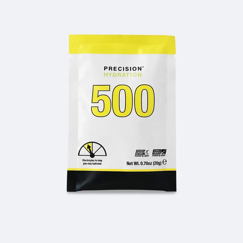 Hydration Powder 500 by Precision Fuel & Hydration in white, yellow and black, electrolyte drink mix for athlete hydration and sweat replacement