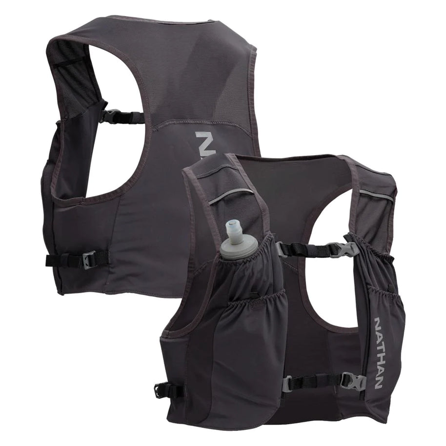 Pinnacle Run Lite Vest by Nathan in black, ultra-lightweight breathable hydration vest with storage for road and trail running