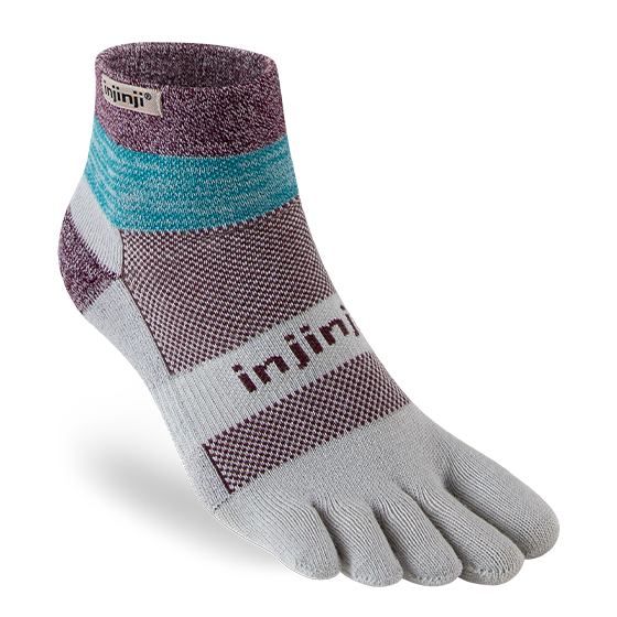 Trail Midweight Mini-Crew - Unisex by Injinji in grey, purple, and teal cushioned toesock for running and hiking on uneven trails