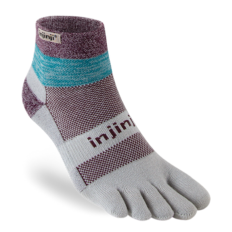 Trail Midweight Mini-Crew - Unisex by Injinji in grey, purple, and teal cushioned toesock for running and hiking on uneven trails